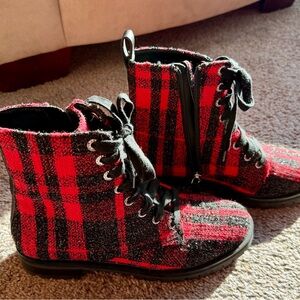 Kate Spade Jenna Tweed Red and Black Plaid Boots